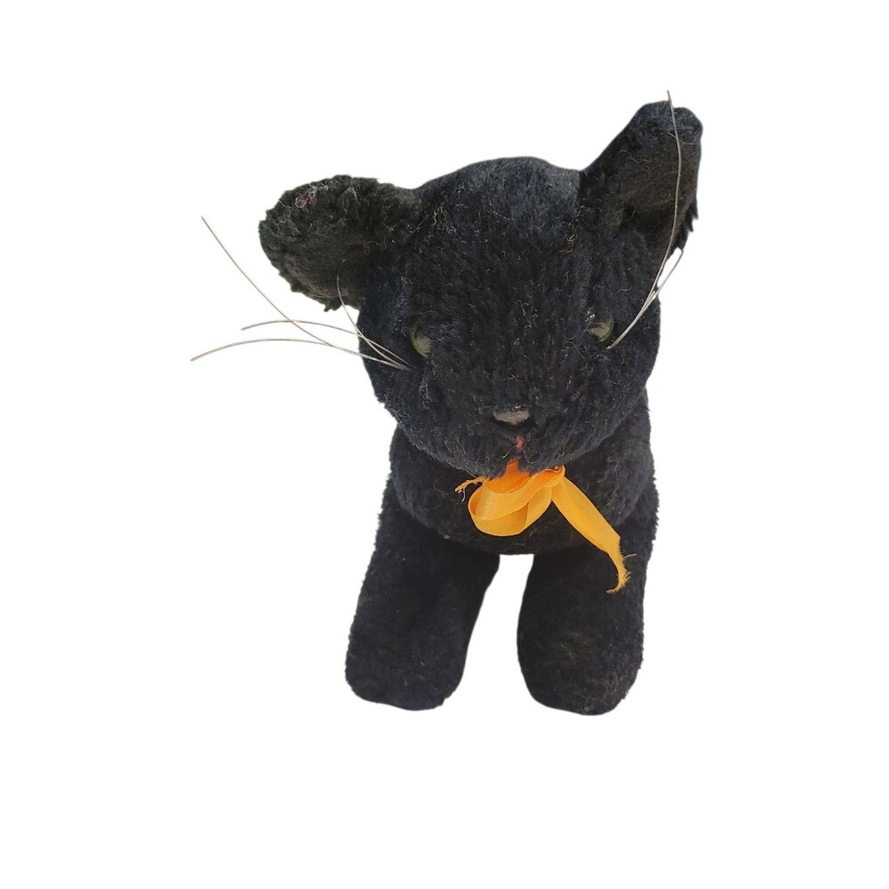 Russ Berrie Shelley Cat Black Halloween Vintage Plush Orange Ribbon 8" READ DESC